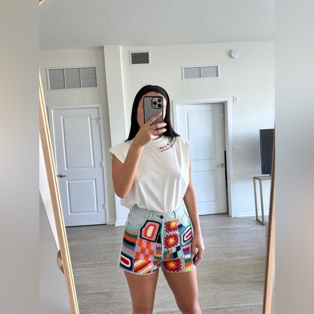 Farm Rio: Multicolor Crochet Patchwork Jean Shorts - Picture 2 of 5